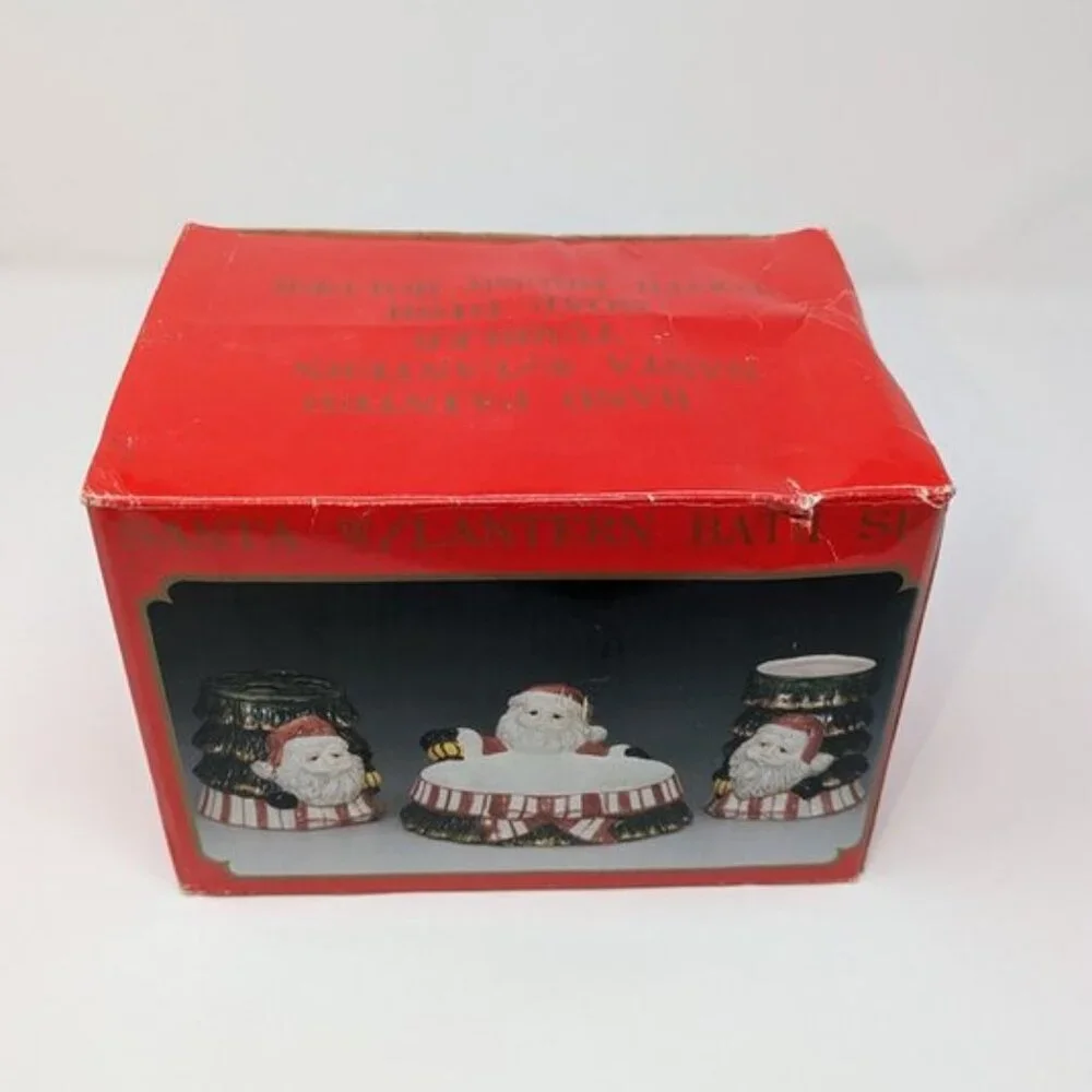 NEW VTG World Bazaars Hand Painted Santa With Lantern 3 piece Ceramic Bath Set